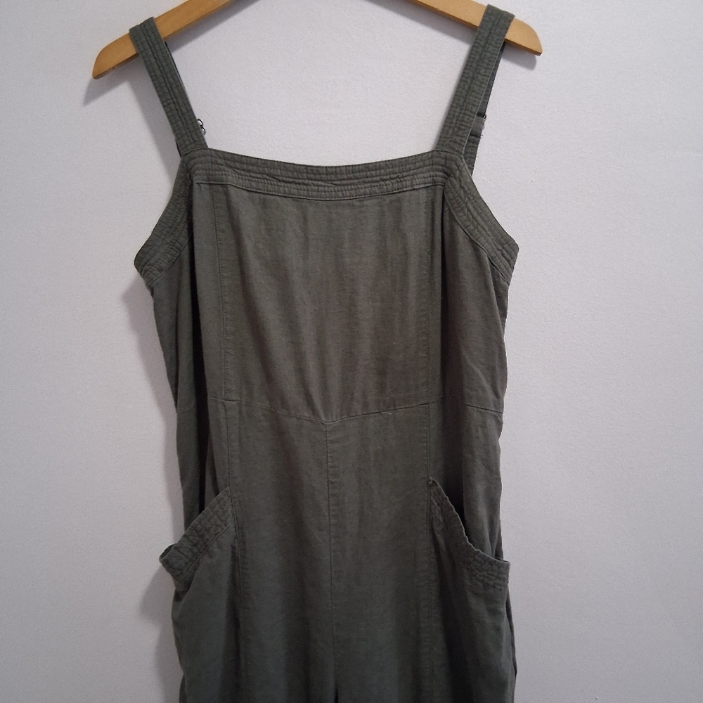 Nicole Miller Linen Jumpsuit Overalls Oversized Relaxed Crop Leg Olive Size 8 - Picture 4 of 8